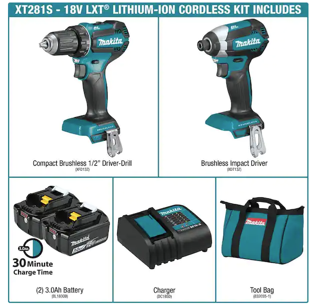 Makita XT281S 18V LXT Brushless 2-Piece Combo Kit (3.0Ah)